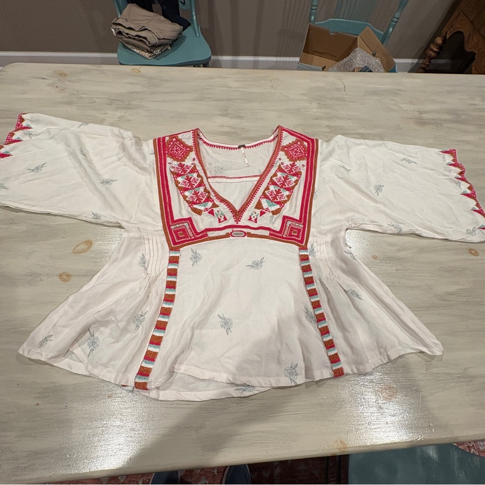 Free People Tulum White Blouse with Red Embroidery **dress was hemmed into top!